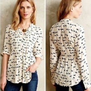 Maeve for Anthropologie Cream Blue Horse Print Long Sleeve Button Front Blouse 6